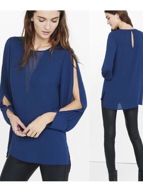 Express Split-Sleeve Deep V Mesh Blouse in Navy. Size-M